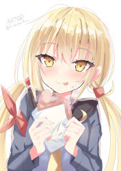 Rule 34 | 1girl, black sailor collar, blonde hair, blush, crescent, crescent pin, food, food on face, hair between eyes, highres, hizaka, holding, holding food, kantai collection, long hair, long sleeves, low twintails, neckerchief, one-hour drawing challenge, sailor collar, satsuki (kancolle), satsuki kai ni (kancolle), simple background, smile, solo, taiyaki, tongue, tongue out, twintails, twitter username, upper body, wagashi, white background, yellow eyes, yellow neckerchief