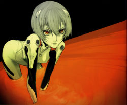 Rule 34 | 1girl, all fours, ayanami rei, blue hair, bodysuit, breasts, dutch angle, foreshortening, hair between eyes, highres, lcl, looking at viewer, miwa shirow, neon genesis evangelion, pale skin, partially submerged, pilot suit, plugsuit, red eyes, short hair, silver hair, small breasts, solo, turtleneck