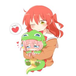 Rule 34 | 2girls, blue eyes, blush, bocchi the rock!, carrying, carrying person, chibi, closed mouth, cropped torso, crying, crying with eyes open, cube hair ornament, dinosaur costume, english text, gotoh hitori, hair between eyes, hair ornament, heart, kita ikuyo, long sleeves, multiple girls, one eye closed, one side up, pink hair, rebecca (keinelove), red hair, sailor collar, simple background, spoken heart, tears, upper body, wavy mouth, white background, yellow eyes