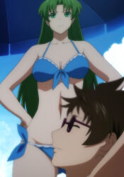 Rule 34 | 1boy, 1girl, absurdres, annoyed, bikini, blue bikini, breasts, cleavage, closed eyes, glasses, green eyes, green hair, hagure yuusha no estetica, hands on own hips, highres, large breasts, legs, looking at viewer, nanase haruka, navel, stitched, swimsuit, thighs, third-party edit
