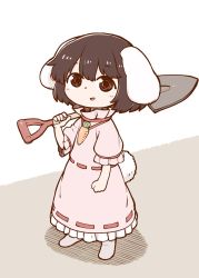 Rule 34 | 1girl, black hair, blush stickers, carrot necklace, dress, frilled dress, frilled shirt collar, frilled sleeves, frills, holding, inaba tewi, jewelry, looking at viewer, necklace, open mouth, poronegi, rabbit tail, ribbon-trimmed dress, short hair, short sleeves, shovel, simple background, solo, tail, touhou, white background