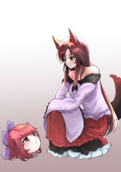 Rule 34 | 2girls, absurdres, animal ears, bow, brooch, brown hair, disembodied head, dress, frilled dress, frills, gradient background, hair bow, highres, imaizumi kagerou, jewelry, long hair, long sleeves, multiple girls, off-shoulder dress, off shoulder, parted lips, purple bow, red eyes, red hair, sekibanki, short hair, simple background, sleeves past fingers, sleeves past wrists, squatting, tail, touhou, very long hair, white dress, wide sleeves, wolf ears, wolf girl, wolf tail, yagoro kusuriya
