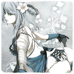 Rule 34 | 1girl, ass, backless outfit, bandages, breasts, butt crack, dimples of venus, elbow gloves, flower, from behind, gloves, green eyes, hair flower, hair ornament, kaine (nier), lingerie, long hair, md5 mismatch, nanarinca, negligee, nier, nier (series), panties, silver hair, solo, underwear, white panties