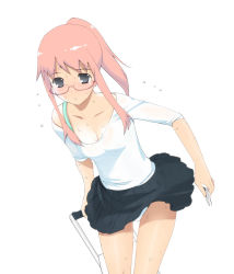 Rule 34 | a1 (initial-g), bag, blouse, glasses, green eyes, panties, pink hair, ponytail, shirt, simple background, skirt, solo, sweat, thighs, underwear, upskirt, white background, white shirt