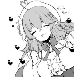 Rule 34 | 1girl, ahoge, beret, breasts, clenched hands, closed eyes, commentary, detached sleeves, expressive hair, flower, greyscale, hair between eyes, hair flower, hair ornament, half updo, hat, heart, hololive, long hair, lowres, medium breasts, monochrome, motion lines, nejime, open mouth, pointy ears, sidelocks, simple background, solo, translated, virtual youtuber, white background, yukihana lamy