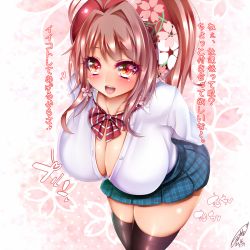 Rule 34 | 1girl, 2018, ahoge, black thighhighs, blush, breasts, brown hair, cherry blossoms, cleavage, dated, female focus, flower, hair ornament, highres, huge breasts, jotti, leaning forward, long hair, looking at viewer, miniskirt, open mouth, original, ponytail, red eyes, reimusan (jotti), ribbon, shirt, signature, skirt, solo, standing, text focus, thighhighs, thighs, translation request