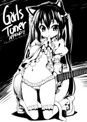 Rule 34 | 1girl, animal ears, bad id, bad pixiv id, english text, engrish text, greyscale, guitar, hotori (sion), instrument, k-on!, long hair, monochrome, mouth hold, nakano azusa, navel, panties, ranguage, solo, tail, twintails, underwear
