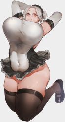 Rule 34 | 1girl, absurdres, arms up, belly, black thighhighs, bouncing breasts, breasts, commentary request, covered navel, curvy, elbow gloves, eyelashes, female focus, forehead, full body, glasses, gloves, grey background, grey thighhighs, hair bun, highres, huge breasts, ibuo (ibukht1015), jumping, labiata (last origin), last origin, leotard, looking at viewer, maid, maid headdress, mary janes, navel, plump, prototype labiata, red eyes, rimless eyewear, shoes, silver hair, simple background, single hair bun, skin tight, skindentation, smile, solo, thick thighs, thighhighs, thighs, updo, white background, white gloves, white leotard