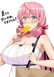 Rule 34 | 1girl, akashi (kancolle), alternate costume, blunt tresses, breasts, commentary request, dress, food, food in mouth, green eyes, hair ribbon, holding, holding food, kantai collection, kusano (torisukerabasu), large breasts, long hair, pink hair, popsicle, ribbon, sleeveless, sleeveless dress, solo, translation request, tress ribbon, white dress
