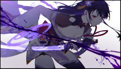 Rule 34 | 1girl, absurdres, braid, breasts, bridal gauntlets, cleavage, closed mouth, collarbone, commentary request, electricity, fingernails, flower, genshin impact, glowing, glowing eye, hair ornament, highres, holding, holding sword, holding weapon, japanese clothes, katana, kimono, light particles, long fingernails, long hair, long sleeves, mitsudomoe (shape), mole, mole under eye, obi, obiage, obijime, purple eyes, purple flower, purple hair, raiden shogun, ribbon, sash, sharp fingernails, simple background, solo, sword, tassel, thighhighs, tomoe (symbol), weapon, white background, wide sleeves, yagita (astronomie)