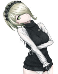 Rule 34 | 10s, 1girl, black gloves, black sweater, breasts, closed mouth, cowboy shot, danganronpa (series), dutch angle, expressionless, frilled sleeves, frills, gloves, green eyes, hair ornament, hair over one eye, hairband, hairclip, halterneck, long sleeves, looking at viewer, medium breasts, meme attire, danganronpa v3: killing harmony, pursed lips, ribbed sweater, short hair with long locks, grey eyes, silver hair, simple background, solo, sweater, tojo kirumi, turtleneck, turtleneck sweater, urokozuki, virgin killer sweater, white background