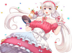 Rule 34 | 1girl, animal ears, bare shoulders, bell, blue eyes, bow, cat ears, chikushi nitouhei, confetti, detached collar, dress, floating hair, hair bell, hair ornament, highres, holding, holding tray, indie virtual youtuber, kemonomimi mode, long hair, looking down, open mouth, pink bow, pink dress, solo, tray, twintails, v, vei (vtuber), vei (vtuber) (3rd costume), very long hair, virtual youtuber, white bow