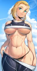Rule 34 | 1girl, abs, absurdres, bird, black panties, blonde hair, blue sky, breasts, cammy white, check commentary, clothes lift, clothes pull, cloud, cloudy sky, commentary, commentary request, contrail, curvy, day, fighting game, from below, green eyes, hair between eyes, highres, hot, large breasts, looking at viewer, looking down, max (maxlikeapicture), muscular, muscular female, navel, panties, pants, pants pull, refraction, shirt lift, sidelocks, sky, sportswear, stomach, street fighter, street fighter 6, sweat, tank top, underboob, underwear, undressing, wide hips