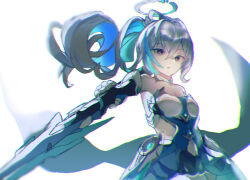 Rule 34 | 1girl, bare shoulders, black gloves, blue hair, breasts, bronya zaychik, bronya zaychik (herrscher of truth), chromatic aberration, dress, elbow gloves, floating hair, gloves, grey eyes, grey hair, hair between eyes, halo, highres, holding, holding weapon, honkai (series), honkai impact 3rd, long hair, looking at viewer, multicolored hair, natumusumeab, parted lips, small breasts, solo, two-tone hair, very long hair, weapon, white background, white dress