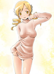 Rule 34 | 10s, 1girl, bad id, bad pixiv id, blonde hair, blush, breasts, covered erect nipples, drill hair, hair ornament, long hair, long sleeves, mahou shoujo madoka magica, mahou shoujo madoka magica (anime), naked sweater, ribbed sweater, shuuji (shumi), smile, solo, sweater, tomoe mami, turtleneck, twin drills, twintails, yellow eyes
