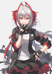 Rule 34 | 1girl, arknights, black cardigan, black gloves, black pantyhose, black scarf, black skirt, cardigan, cowboy shot, demon horns, fangs, fingerless gloves, frilled skirt, frills, gloves, grey hair, grey shirt, hand on own hip, hand to own mouth, highres, horns, looking at viewer, nail polish, open cardigan, open clothes, open mouth, pantyhose, red eyes, red nails, satou kibi, scarf, shirt, short hair, skirt, solo, w (arknights), white background