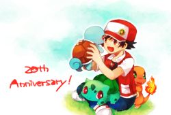 Rule 34 | 1boy, anniversary, black hair, bulbasaur, charmander, creatures (company), game freak, gen 1 pokemon, hat, nintendo, pokemon, pokemon (creature), red (pokemon), red eyes, rigu (what will be will be!), sitting, squirtle