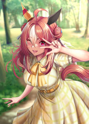 Rule 34 | 1girl, absurdres, animal ears, belt, blurry, blurry background, blush, breasts, brown hair, casual, copano rickey (umamusume), fang, forest, hair ornament, harold japan, highres, horse ears, horse girl, horse tail, lens flare, looking at viewer, medium breasts, medium hair, nature, one eye closed, solo, tail, tree, umamusume, v