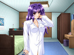 Rule 34 | 1girl, anata no osanazuma, bed, game cg, mizue yoriko, purple hair, shimizu naotaka, shirt