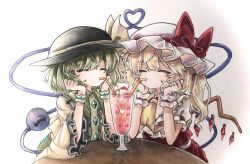 Rule 34 | 2girls, ^ ^, ascot, black headwear, blonde hair, blush, bow, center frills, cherry, closed eyes, collared shirt, commentary request, crystal, diamond (shape), drinking straw, drinking straw in mouth, eyeball, flandre scarlet, food, frilled shirt collar, frilled skirt, frilled sleeves, frills, fruit, green hair, green skirt, hands on own cheeks, hands on own face, hat, hat ribbon, heart, heart of string, highres, hisako (6anmbblfnjueeff), komeiji koishi, long sleeves, medium hair, mob cap, multiple girls, one side up, puffy short sleeves, puffy sleeves, red bow, red ribbon, red skirt, red vest, ribbon, shared drink, shirt, short hair, short sleeves, skirt, table, third eye, touhou, traditional media, vest, wavy hair, white background, white shirt, wide sleeves, wings, wrist cuffs, yellow ascot, yellow ribbon, yellow shirt