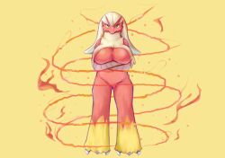 Rule 34 | 1girl, animal feet, arai mei, blaziken, blonde hair, blue eyes, body fur, breasts, claws, colored sclera, creatures (company), crossed arms, female focus, fire, full body, furry, furry female, game freak, gen 3 pokemon, groin, large breasts, legs, long hair, looking at viewer, navel, neck fur, nintendo, pokemon, pokemon (creature), red fur, simple background, solo, standing, two-tone fur, yellow background, yellow fur, yellow sclera