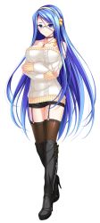 Rule 34 | 1girl, bare shoulders, black footwear, black thighhighs, blue eyes, blue hair, boots, celene fieldes mitsumine, collar, crossed arms, full body, glasses, hairband, high heel boots, high heels, highres, jewelry, knee boots, long hair, looking at viewer, necklace, official art, sennri sabanegi, shorts, smile, solo, stiletto heels, sweater, thigh boots, thighhighs, transparent background, unionism quartet, very long hair
