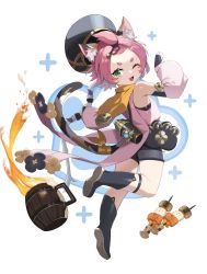 Rule 34 | 1girl, ;d, absurdres, alcohol, animal ear fluff, animal ears, beer, beer mug, beret, bike shorts, black footwear, black legwear, boots, bow (weapon), cat ears, cat girl, cat tail, cup, definitely not bar food! (genshin impact), detached sleeves, diona (genshin impact), fang, food, from behind, full body, genshin impact, green eyes, hat, highres, holding, holding bow (weapon), holding weapon, looking at viewer, merom, mug, one eye closed, open mouth, pink hair, short hair, simple background, smile, solo, tail, weapon, white background