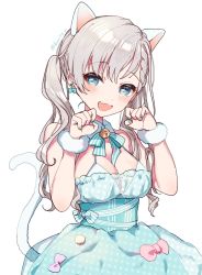 Rule 34 | 1girl, animal ears, banirou, bell, blue dress, blue eyes, blush, bow, braid, breasts, cat ears, cat tail, cleavage, collar, dress, earrings, fang, fur bracelet, grey hair, highres, hisakawa hayate, idolmaster, idolmaster cinderella girls, idolmaster cinderella girls starlight stage, jewelry, long hair, medium breasts, nail polish, neck bell, open mouth, paw pose, simple background, solo, tail, twintails, twitter username, white background
