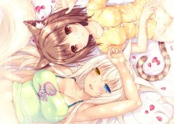 Rule 34 | 10s, 2girls, age difference, animal ears, arm up, armpits, azuki (nekopara), bare shoulders, blue eyes, breasts, brown eyes, brown hair, cat ears, cat tail, coconut (nekopara), collarbone, from above, hand on forehead, hand on own stomach, heterochromia, jpeg artifacts, large breasts, long hair, lying, midriff, multiple girls, navel, nekopara, official art, onee-loli, pajamas, paw print, petals, polka dot, polka dot pajamas, print pajamas, print shirt, sayori (neko works), shirt, short hair, slit pupils, smile, spaghetti strap, striped, striped tail, tail, tank top, white hair, yellow eyes, yuri
