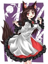 Rule 34 | animal ears, bamboo, black frills, brooch, brown hair, chups, dress, fang, frilled dress, frilled sleeves, frills, highres, imaizumi kagerou, jewelry, long hair, long sleeves, looking at viewer, moon, nail polish, outdoors, purple background, red eyes, red nails, solo, tail, touhou, white dress, wide sleeves, wolf ears, wolf tail