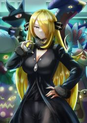 Rule 34 | 1girl, black coat, black pants, black shirt, blonde hair, breasts, cleavage, closed mouth, coat, creatures (company), cynthia (pokemon), fur-trimmed coat, fur collar, fur trim, game freak, garchomp, gastrodon, gen 3 pokemon, gen 4 pokemon, grey eyes, hair ornament, hair over one eye, hand on own hip, hand up, highres, holding, holding poke ball, large breasts, long hair, looking at viewer, lucario, milotic, nintendo, pants, poke ball, pokemon, pokemon (creature), pokemon dppt, roserade, shirt, spiritomb, suzuki (white-world), ultra ball