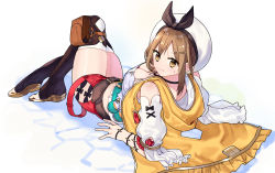 Rule 34 | 1girl, atelier (series), atelier ryza, atelier ryza 1, belt, breasts, brown eyes, brown hair, cleavage, commentary request, hair ornament, hairclip, hat, highres, jewelry, large breasts, looking at viewer, looking back, lying, medium breasts, necklace, red shorts, reisalin stout, ryuuno6, short hair, short shorts, shorts, smile, solo, thighhighs, thighs