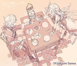 2girls closed_mouth commentary_request copyright_notice cup doughnut eating food fork from_above half_up_braid hand_on_table lofia_(ta_ga_tame_no_alchemist) long_hair milis_(ta_ga_tame_no_alchemist) multiple_girls official_art on_chair outstretched_arm plate second-party_source sitting sparkle spoon standing ta_ga_tame_no_alchemist table tea teacup teapot thighhighs watarubou