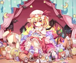 Rule 34 | 1girl, bat (animal), blonde hair, character doll, commentary, crescent moon, crossed legs, crystal, curtains, damaged, doll, flandre scarlet, full body, hat, hat ribbon, holding, holding doll, holding stuffed toy, hong meiling, hugging doll, hugging object, indoors, isu (is88), izayoi sakuya, koakuma, looking at viewer, mob cap, moon, one side up, patchouli knowledge, pointy ears, polka dot curtains, puffy short sleeves, puffy sleeves, red eyes, red ribbon, remilia scarlet, ribbon, short sleeves, sitting, solo, star (symbol), stuffed animal, stuffed rabbit, stuffed toy, touhou, white hat, wings