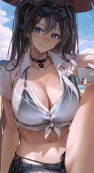 Rule 34 | 1girl, arm support, azur lane, beach, bikini, black bikini, black choker, black hair, blue eyes, breasts, choker, cleavage, closed mouth, cloud, collarbone, commentary, denim, denim shorts, english commentary, eyebrows hidden by hair, eyewear on head, groin, hair between eyes, highres, holding, holding phone, intrepid (azur lane), large breasts, looking at viewer, mole, mole on breast, mountain, navel, ocean, phone, re0n, red umbrella, shadow, shirt, short shorts, short sleeves, shorts, sitting, solo, sunglasses, swimsuit, tied shirt, two side up, umbrella, upper body, v, wet, wet clothes, wet shirt, white shirt