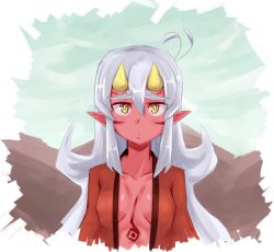 Rule 34 | 1girl, antenna hair, bad id, bad tumblr id, breasts, colored skin, eyebrows, grandmastag, horns, long hair, monster girl, oni, open clothes, original, pointy ears, red oni, red skin, sidelocks, small breasts, solo, tattoo, thick eyebrows