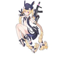 Rule 34 | 1girl, ammunition belt, animal ears, blonde hair, braid, dog tags, feet, fingerless gloves, full body, girls&#039; frontline, gloves, gun, hair ribbon, hat, holding, holding gun, holding weapon, index finger raised, long hair, looking at viewer, nail polish, navel, official art, open clothes, pandegg, pink eyes, pink nails, plantar flexion, rabbit ears, ribbon, sleeveless, sleeveless jacket, solo, sr-3mp, sr-3mp (girls&#039; frontline), toeless footwear, toenail polish, toenails, toes, tongue, tongue out, transparent background, twin braids, very long hair, weapon