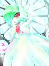 Rule 34 | 1girl, aije, arm up, artist name, blue background, blush, creatures (company), foreshortening, game freak, gardevoir, gen 3 pokemon, green hair, hair over one eye, hand up, looking at viewer, mega gardevoir, mega pokemon, nintendo, open mouth, outstretched arm, pokemon, pokemon (creature), pokemon rse, red eyes, short hair, solo, standing, text focus, window