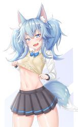 Rule 34 | 1girl, :3, animal ears, beige vest, black skirt, blue eyes, blue hair, blush, clothes lift, collared shirt, cowboy shot, fang, fox ears, fox girl, fox tail, girls&#039; frontline, groin, hair between eyes, hair ornament, hairclip, heart, heart-shaped pupils, highres, lifted by self, long hair, long sleeves, looking at viewer, midriff, naughty face, navel, official alternate costume, open mouth, pa-15 (girls&#039; frontline), pa-15 (high school thrills) (girls&#039; frontline), pleated skirt, school uniform, shirt, shirt lift, silver hair, skirt, solo, symbol-shaped pupils, tail, twintails, vest lift, white shirt, yudaneko