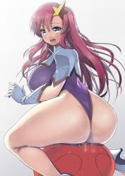 Rule 34 | 00s, 1girl, :o, ass, blue eyes, blush, breasts, capelet, covered erect nipples, curvy, elbow gloves, from behind, gloves, gradient background, grey background, gundam, gundam seed, gundam seed destiny, hair ornament, haro, high heels, highleg, highleg leotard, huge ass, huge breasts, leotard, long hair, looking at viewer, looking back, meer campbell, nagase haruhito, open mouth, pink hair, pussy juice, sexually suggestive, shoes, sitting, sitting on object, solo, star (symbol), star hair ornament, steam, sweat, thick thighs, thighs, thong, thong leotard, very long hair, white gloves, wide hips