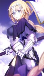 Rule 34 | 1girl, armor, armored dress, blonde hair, blurry, braid, capelet, cowboy shot, depth of field, fate/apocrypha, fate/grand order, fate (series), flag, from side, gauntlets, grey eyes, headpiece, jeanne d&#039;arc (fate), jeanne d&#039;arc (ruler) (fate), long hair, looking at viewer, machimura komori, parted lips, ruler (fate/grand order), single braid, solo