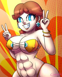 Rule 34 | 1girl, bikini, blue eyes, breasts, brown hair, cleavage, earrings, female focus, flower earrings, grin, hand up, highres, jewelry, large breasts, lipstick, makeup, mario (series), nintendo, princess daisy, smile, solo, standing, super mario land, swimsuit, thighs, tomboy, v