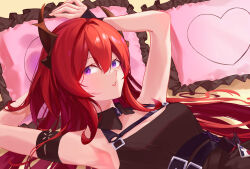 1girl absurdres arknights armpits arms_behind_head art_study black_dress breasts cleavage demon_horns dress highres horns large_breasts long_hair looking_at_viewer lying on_back on_bed pillow portrait purple_eyes red_hair sleeveless sleeveless_dress solo surtr_(arknights) very_long_hair wumimiao