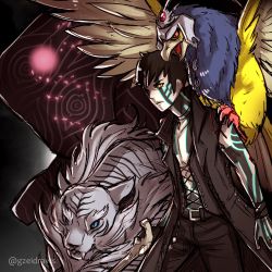 Rule 34 | 1boy, animal, animal on shoulder, arm tattoo, bare shoulders, beak, belt, bird, bird on shoulder, black coat, black hair, bracelet, cane, chest tattoo, coat, cosplay, crossover, demon, devil may cry (series), devil may cry 5, eagle, facial tattoo, fang, fangs, full-body tattoo, glowing, griffon (devil may cry 5), gzei, hand tattoo, hawk, highres, demi-fiend, holding, holding cane, jewelry, lion, male focus, monster, necklace, panther, shadow (devil may cry 5), shin megami tensei, shin megami tensei iii: nocturne, short hair, standing, tattoo, tiger, tooth necklace, topless male, trait connection, v (devil may cry), vest, wristband, yellow eyes