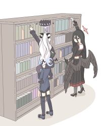 Rule 34 | 3girls, absurdres, ako (blue archive), black footwear, black gloves, black hair, black pantyhose, black serafuku, black skirt, black wings, blue archive, blue footwear, blue hair, blue thighhighs, book, bookshelf, boots, demon horns, demon wings, enobun3gyo, feathered wings, gloves, hair between eyes, halo, hasumi (blue archive), height difference, high heels, high ponytail, highres, hina (blue archive), holding, holding book, horns, indoors, long hair, long sleeves, looking at another, miniskirt, mole, mole under eye, multiple girls, pantyhose, pencil skirt, pleated skirt, purple thighhighs, reaching, red eyes, sailor collar, school uniform, serafuku, sitting on shoulder, skirt, thighhighs, very long hair, white sailor collar, wings