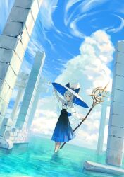 Rule 34 | 1girl, blue skirt, blue sky, brown eyes, capelet, cloud, cloudy sky, column, commentary request, cumulonimbus cloud, day, dutch angle, grey hair, hat, highres, holding, holding staff, long hair, long skirt, long sleeves, mage staff, original, outdoors, pillar, ribbon, skirt, sky, solo, staff, standing, very long hair, wading, water, white capelet, white hat, wide shot, witch, witch hat, xyunx