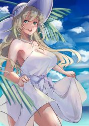 Rule 34 | 1girl, atago (kancolle), blonde hair, blush, breasts, cleavage, clothes lift, collarbone, cowboy shot, day, dress, dress lift, green eyes, hat, highres, kantai collection, large breasts, lifted by self, long hair, ocean, open mouth, outdoors, panda (heart sink), smile, solo, sun hat, sundress, white dress, white hat