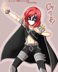 Rule 34 | 1girl, armor, black cape, black choker, black pants, cape, choker, closed mouth, collarbone, cosplay, dated, grey background, highres, kiss (rock band), long hair, looking at viewer, love live!, love live! school idol project, makeup, midriff, navel, nishikino maki, one-hour drawing challenge, pants, purple eyes, red hair, shoulder armor, simple background, solo, stomach, sweatdrop, yu-ta