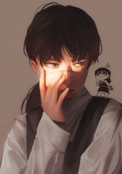 Rule 34 | 1girl, absurdres, black hair, chainsaw man, chibi, chibi inset, dress, facial scar, hand on own face, highres, looking to the side, mitaka asa, niroxin, pinafore dress, ponytail, portrait, pout, scar, scar on cheek, scar on face, scar on nose, shirt, signature, simple background, sleeveless, sleeveless dress, solo, white shirt, yoru (chainsaw man)