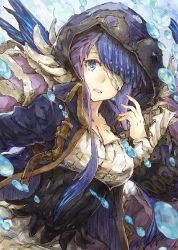 Rule 34 | 1girl, bandages, blue hair, breasts, bubble, buckle, cleavage, covered eyes, dress, eyepatch, fins, hair ornament, hood, hood up, jacket, long hair, long sleeves, looking at viewer, multicolored hair, ningyo hime (sinoalice), open mouth, purple hair, sad, sidelocks, sino nb3, sinoalice, solo, twintails, two-tone hair, wide sleeves